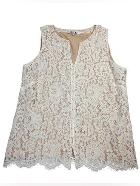 Rose + Olive Lace Sleeveless Blouse Cream Button Front Top Medium